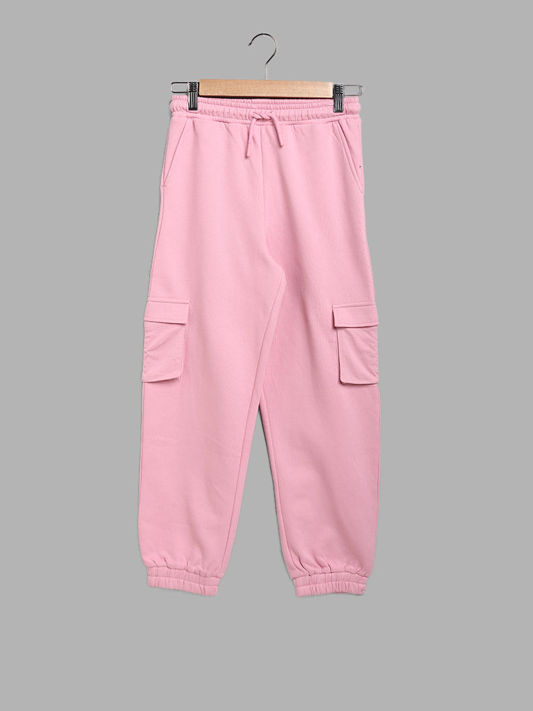 Y&F Kids Light Pink Solid Cargo Joggers