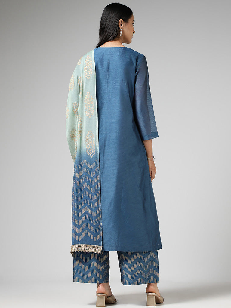 Vark Floral Embroidered Yoke Blue Kurta with Palazzos & Dupatta