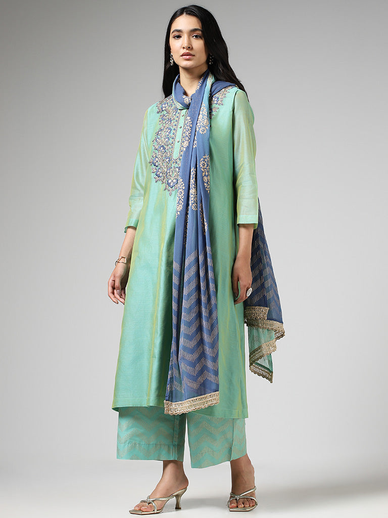 Vark Embroidered Light Green Kurta with Palazzos & Dupatta