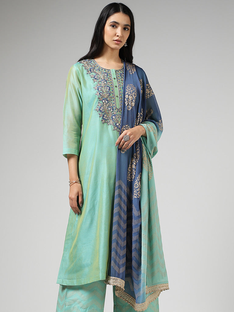 Vark Embroidered Light Green Kurta with Palazzos & Dupatta