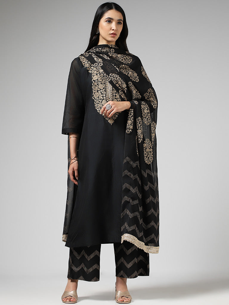 Vark Zari Embroidered Yoke Black Kurta with Palazzos & Dupatta