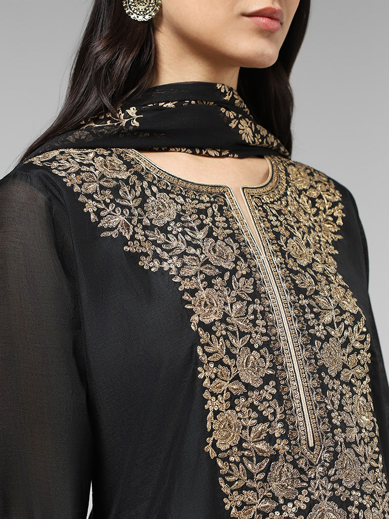 Vark Zari Embroidered Yoke Black Kurta with Palazzos & Dupatta