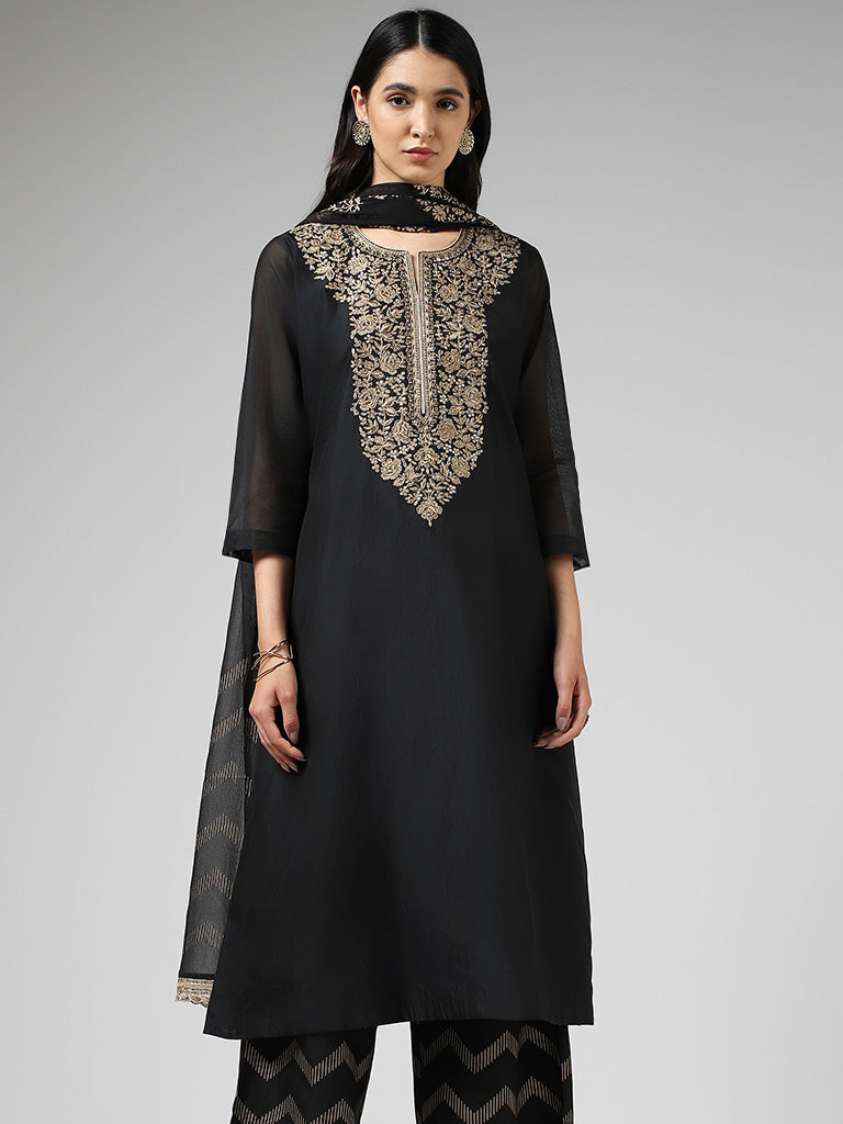 Vark Zari Embroidered Yoke Black Kurta with Palazzos & Dupatta