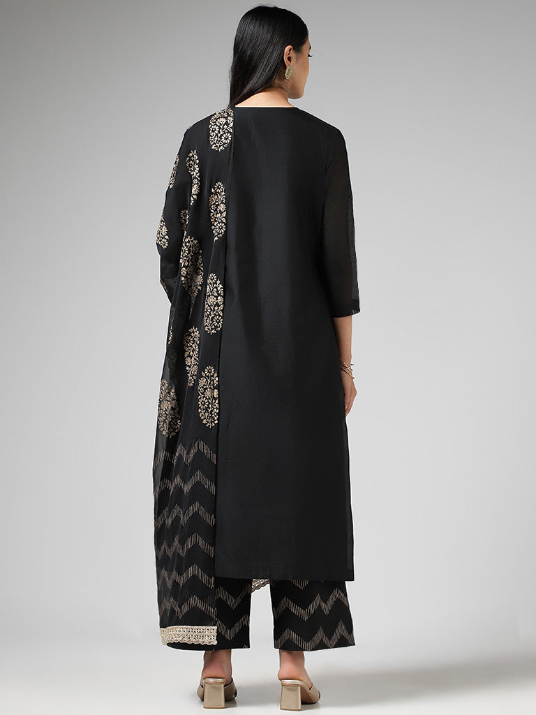 Vark Zari Embroidered Yoke Black Kurta with Palazzos & Dupatta