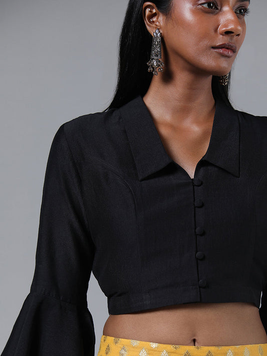 Vark Solid Black Button Down Crop Top