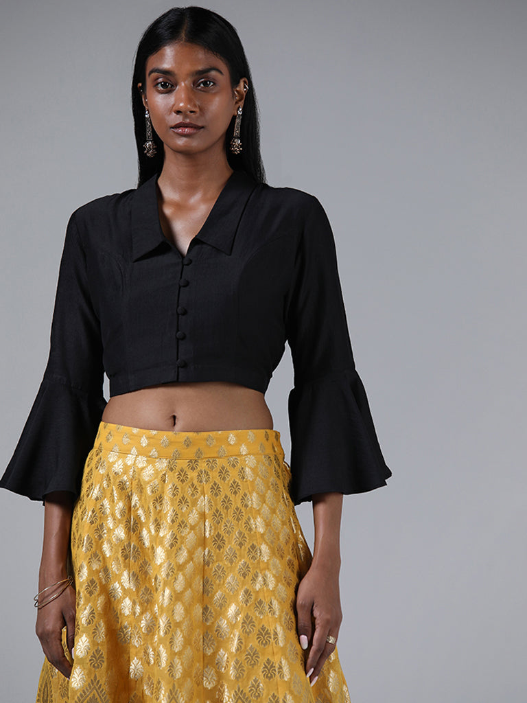 Vark Solid Black Button Down Crop Top