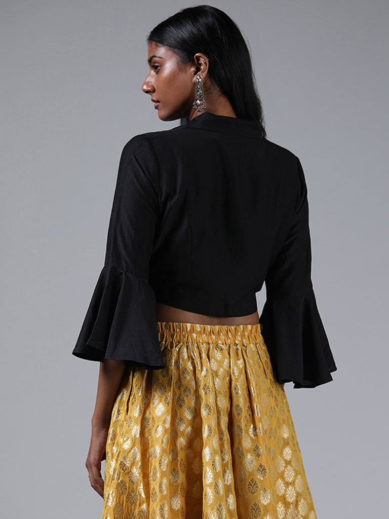 Vark Solid Black Button Down Crop Top