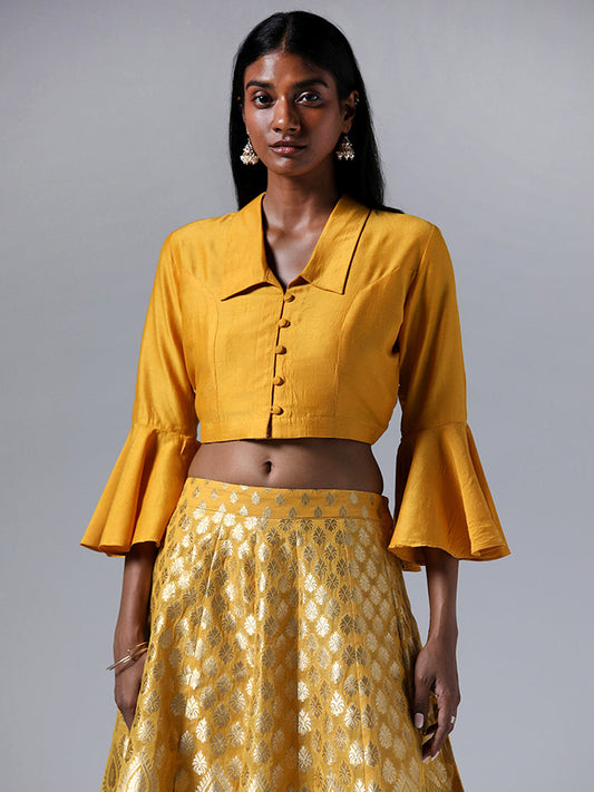 Vark Solid Mustard Buttoned Crop Top