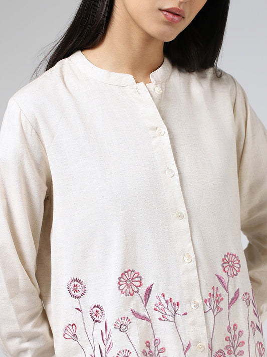 Utsa Off White Floral Embroidered Cotton Shirt