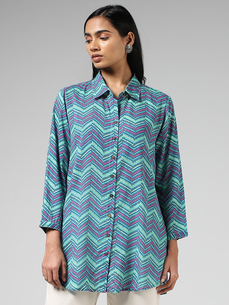 Utsa Aqua Blue Chevron Striped Shirt