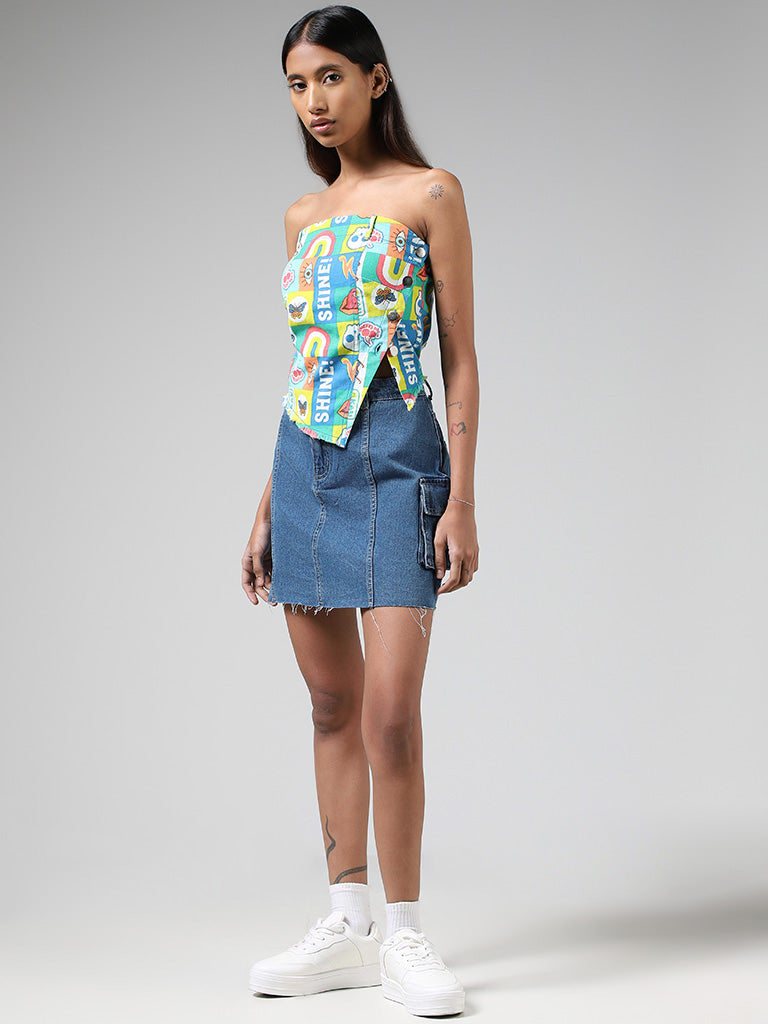 Nuon Multicolour Abstract Printed Off-Shoulder Denim Top