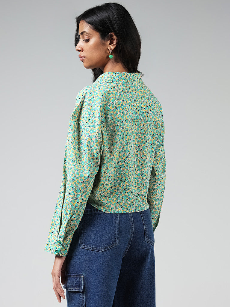 Nuon Green Floral Printed Knotted Shirt