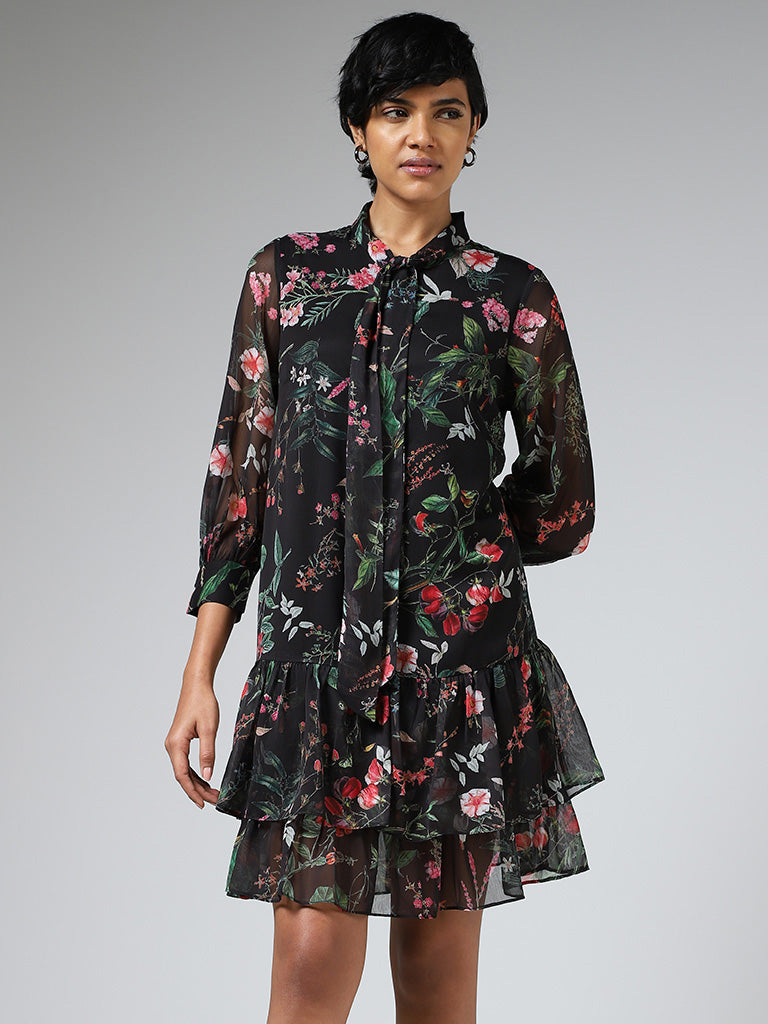 Wardrobe Black Floral Printed Layered Dress