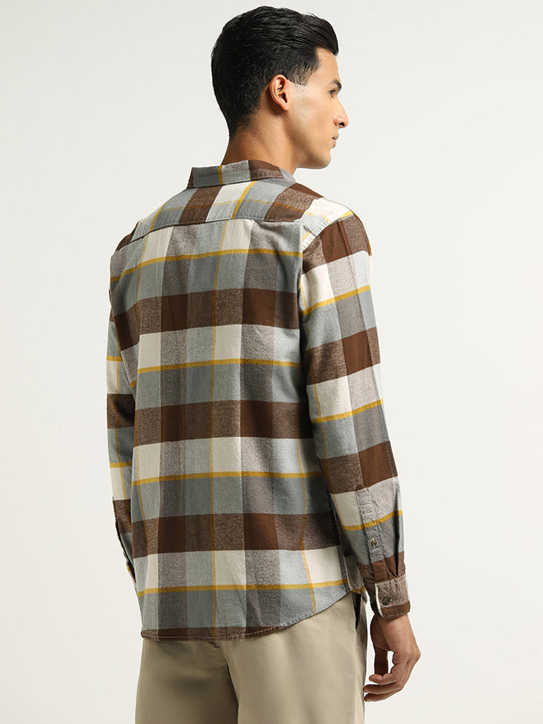 WES Casuals Brown Checked Cotton Relaxed Fit Shirt