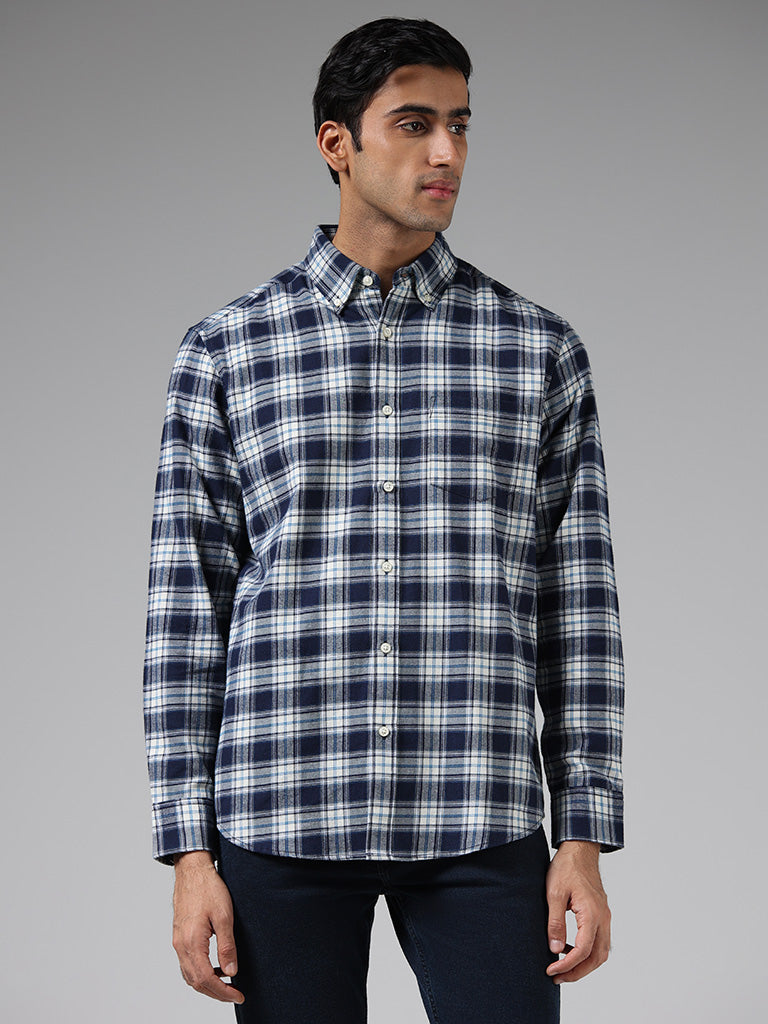 WES Casuals Dark Blue Checked Cotton Relaxed-Fit Shirt