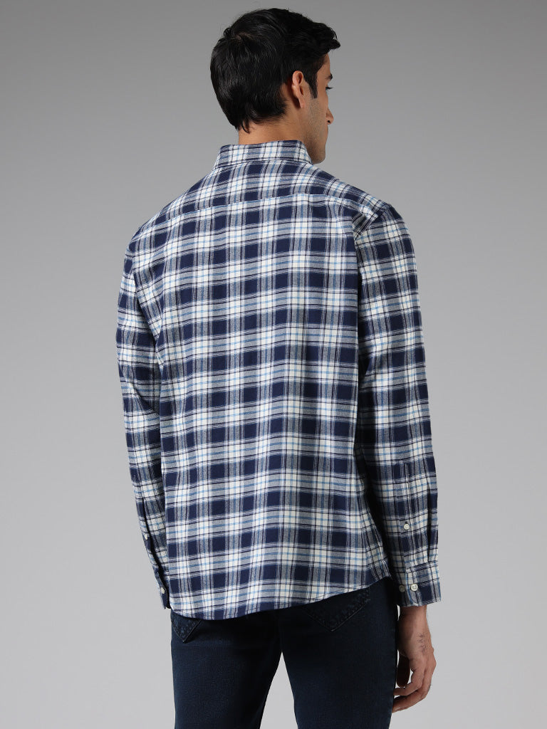 WES Casuals Dark Blue Checked Cotton Relaxed-Fit Shirt