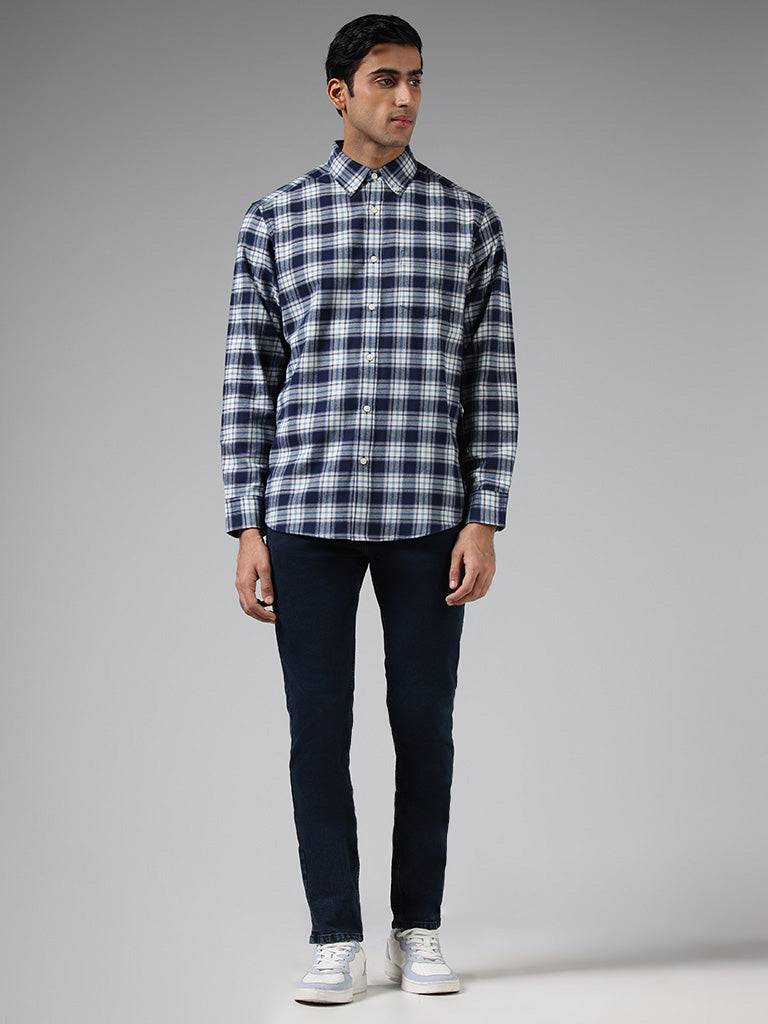 WES Casuals Dark Blue Checked Cotton Relaxed-Fit Shirt