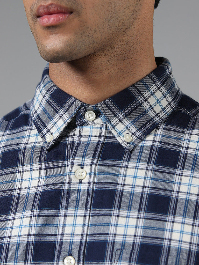 WES Casuals Dark Blue Checked Cotton Relaxed-Fit Shirt