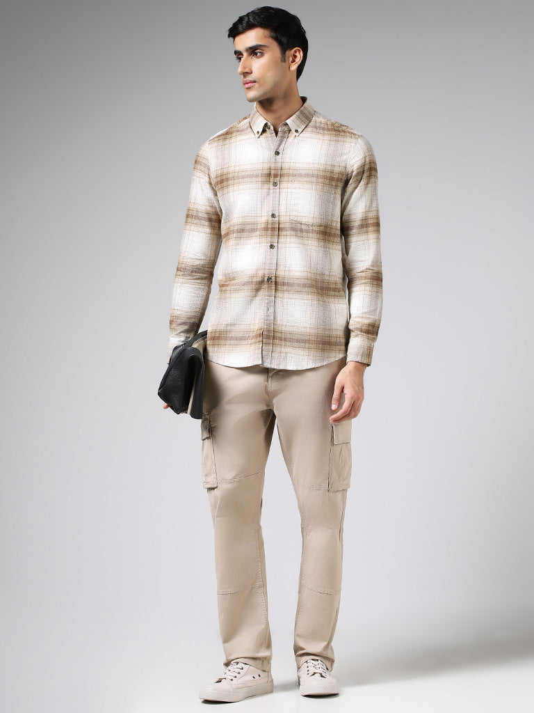 WES Casuals Brown Plaid Checked Cotton Slim-Fit Shirt