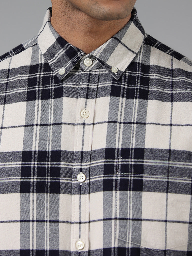 WES Casuals Navy Checked Cotton Slim Fit Shirt