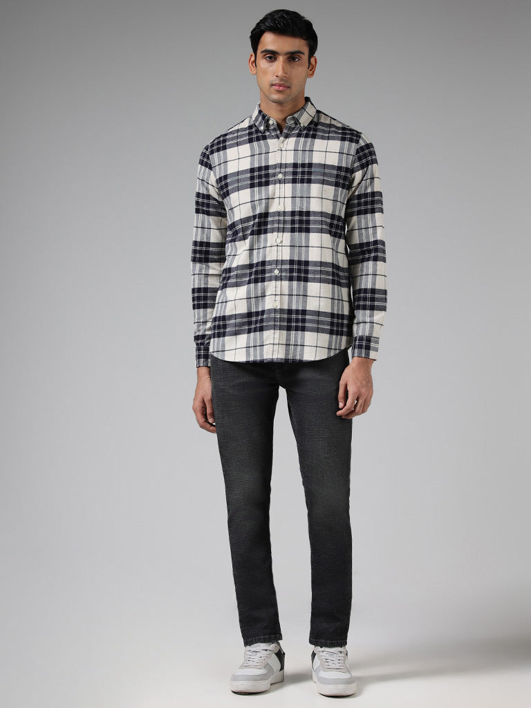 WES Casuals Navy Checked Cotton Slim Fit Shirt