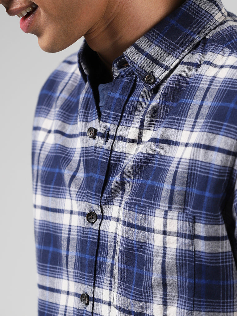 WES Casuals Dark Blue Checked Cotton Slim-Fit Shirt