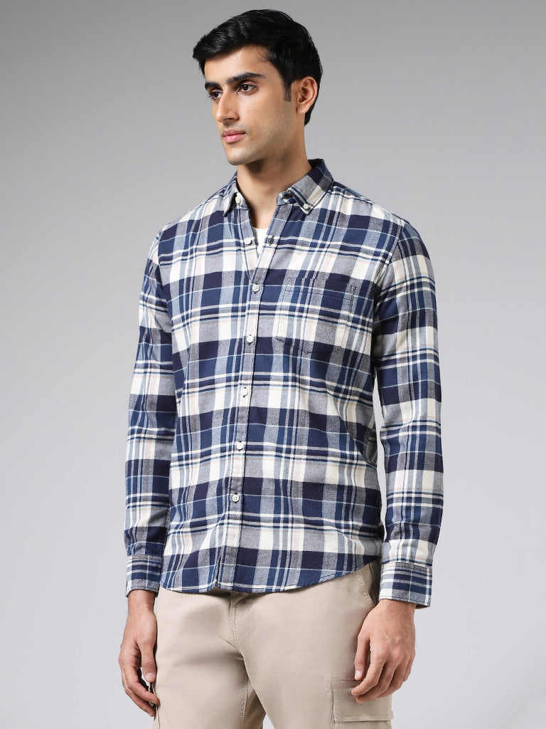 WES Casuals Blue Plaid Checked Cotton Slim Fit Shirt