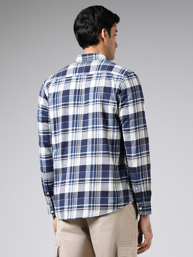 WES Casuals Blue Plaid Checked Cotton Slim Fit Shirt