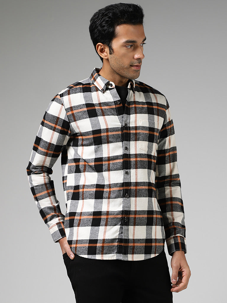 WES Casuals Off White Checked Cotton Slim-Fit Shirt