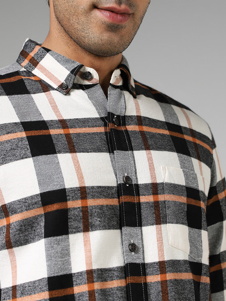 WES Casuals Off White Checked Cotton Slim-Fit Shirt