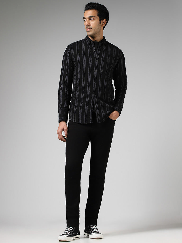 WES Casuals Black Striped Cotton Slim-Fit Shirt