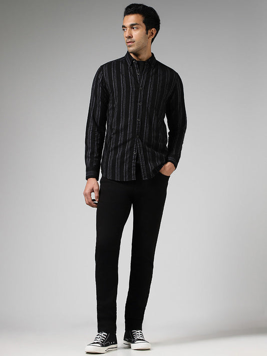 WES Casuals Black Striped Cotton Slim-Fit Shirt