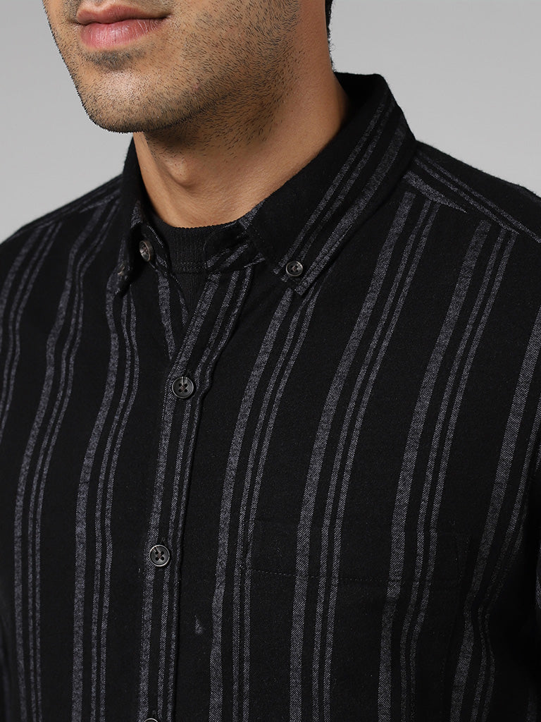 WES Casuals Black Striped Cotton Slim-Fit Shirt