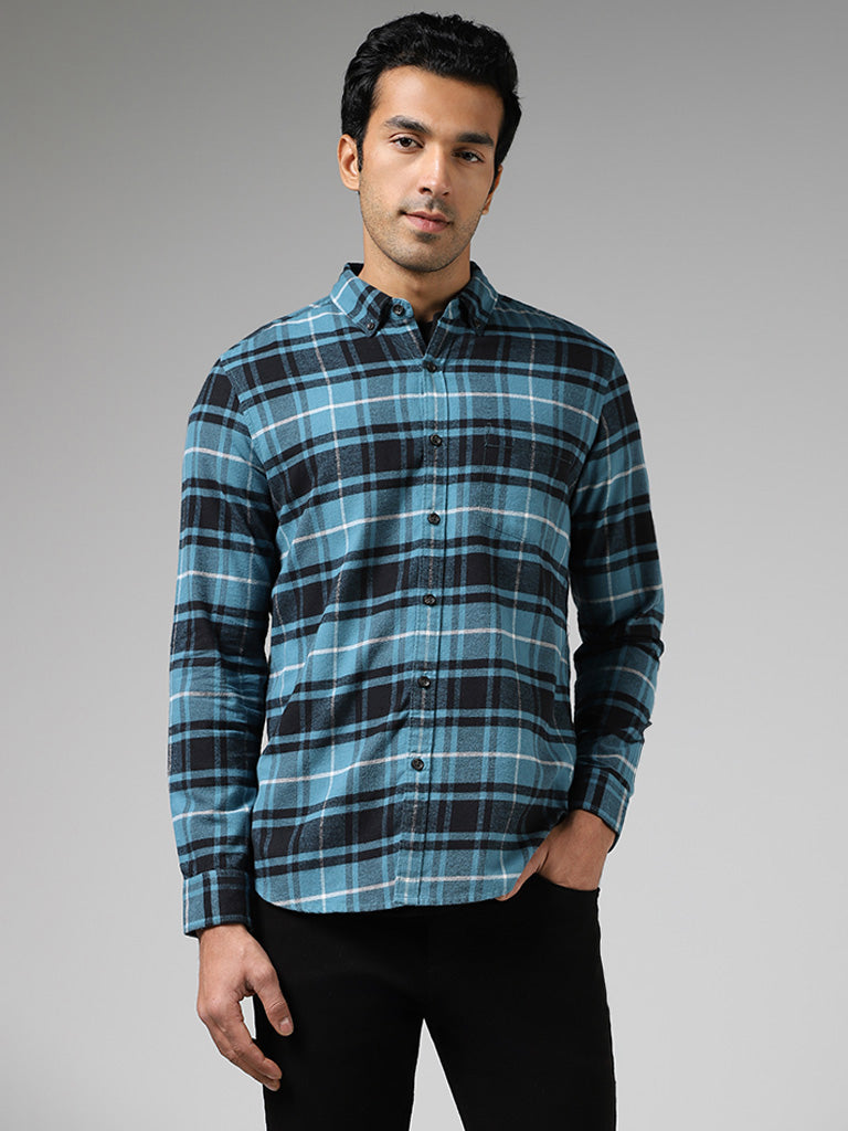 WES Casuals Teal Checked Cotton Slim-Fit Shirt