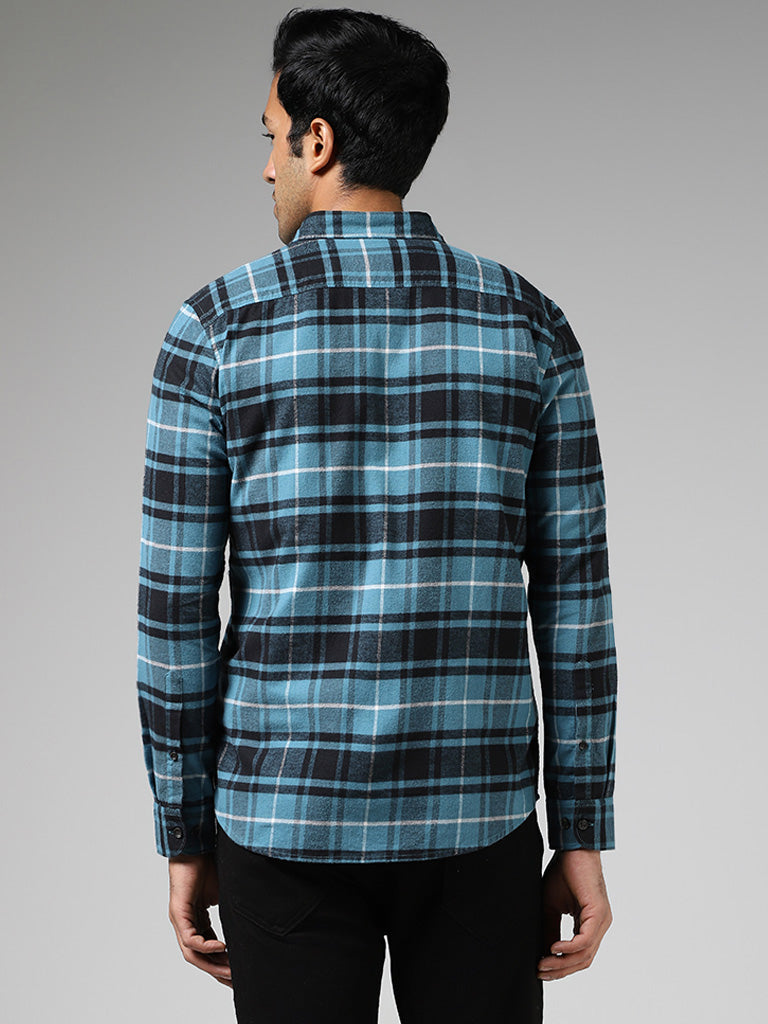 WES Casuals Teal Checked Cotton Slim-Fit Shirt