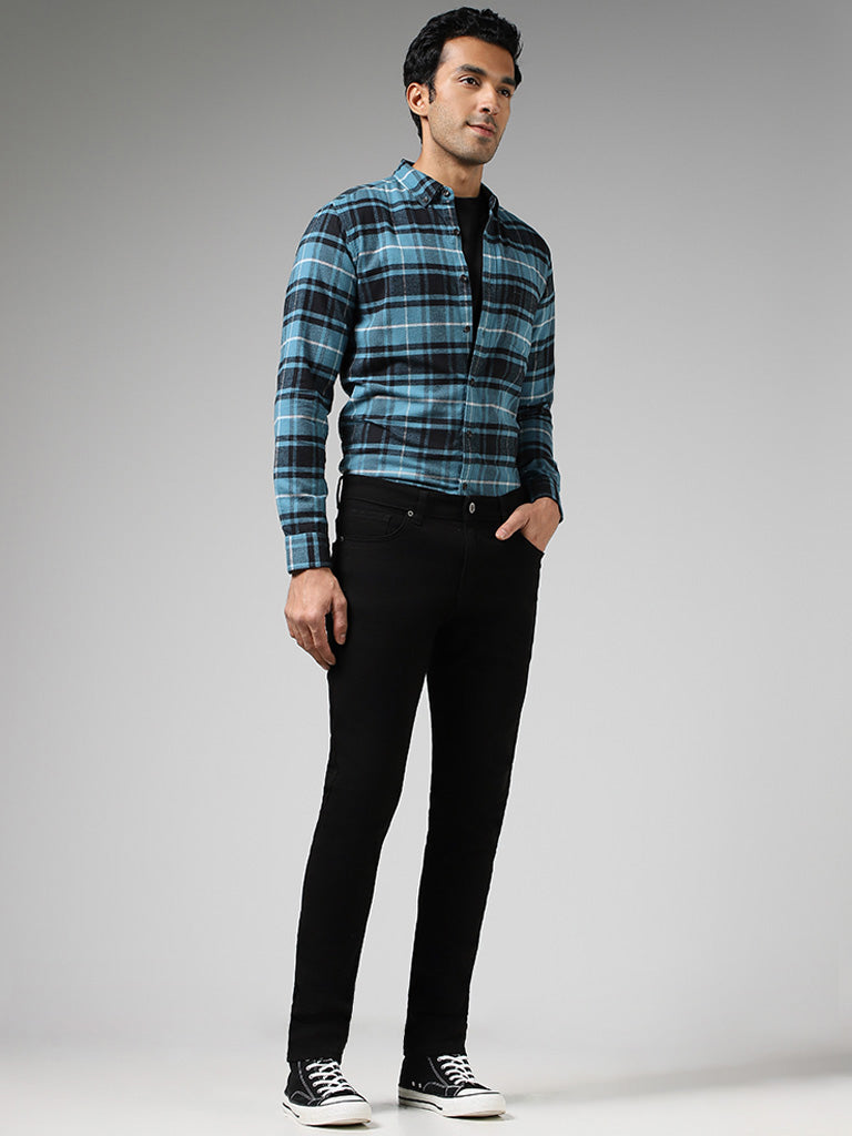 WES Casuals Teal Checked Cotton Slim-Fit Shirt