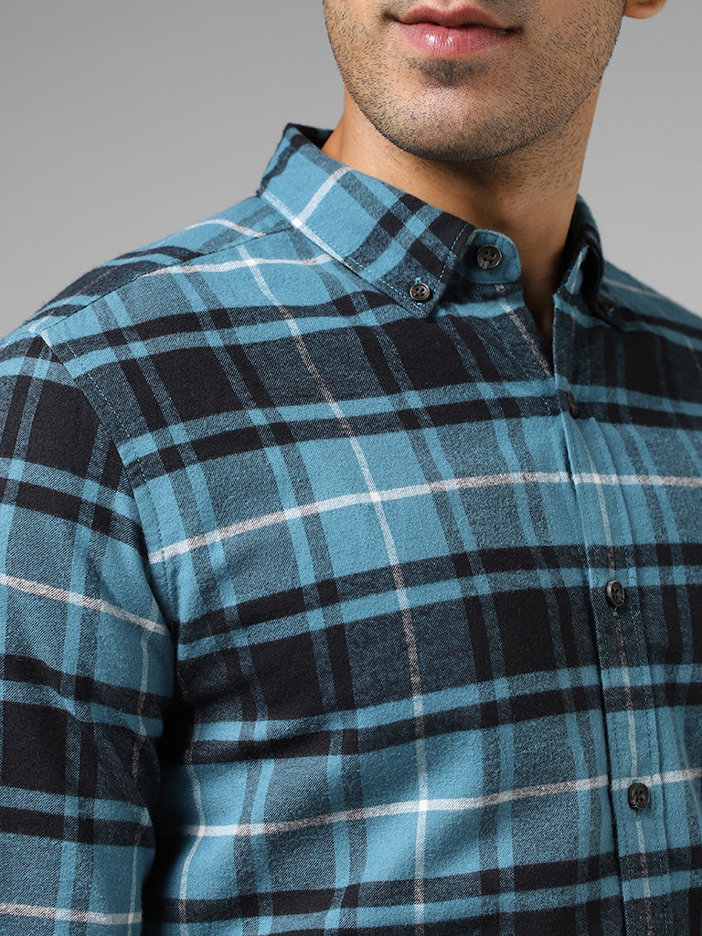 WES Casuals Teal Checked Cotton Slim-Fit Shirt