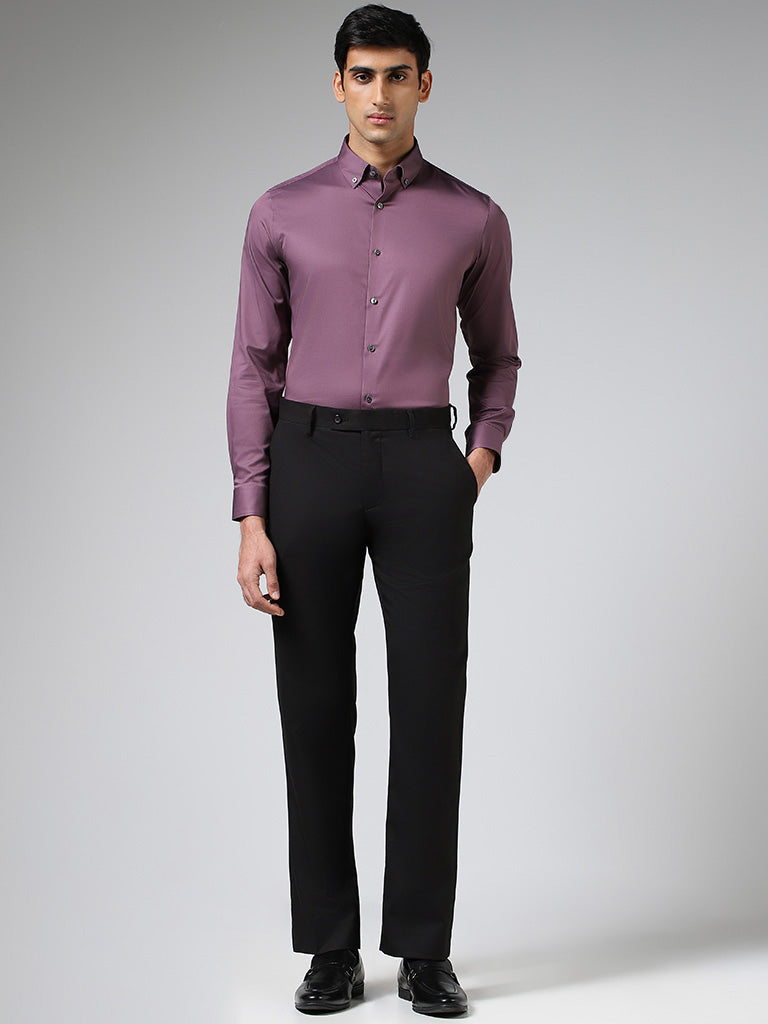 WES Formals Solid Grape Purple Cotton Blend Slim-Fit Shirt