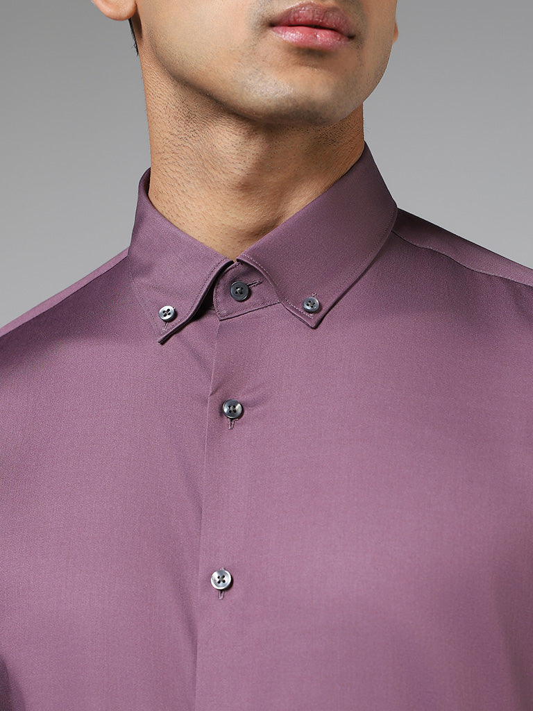 WES Formals Solid Grape Purple Cotton Blend Slim-Fit Shirt