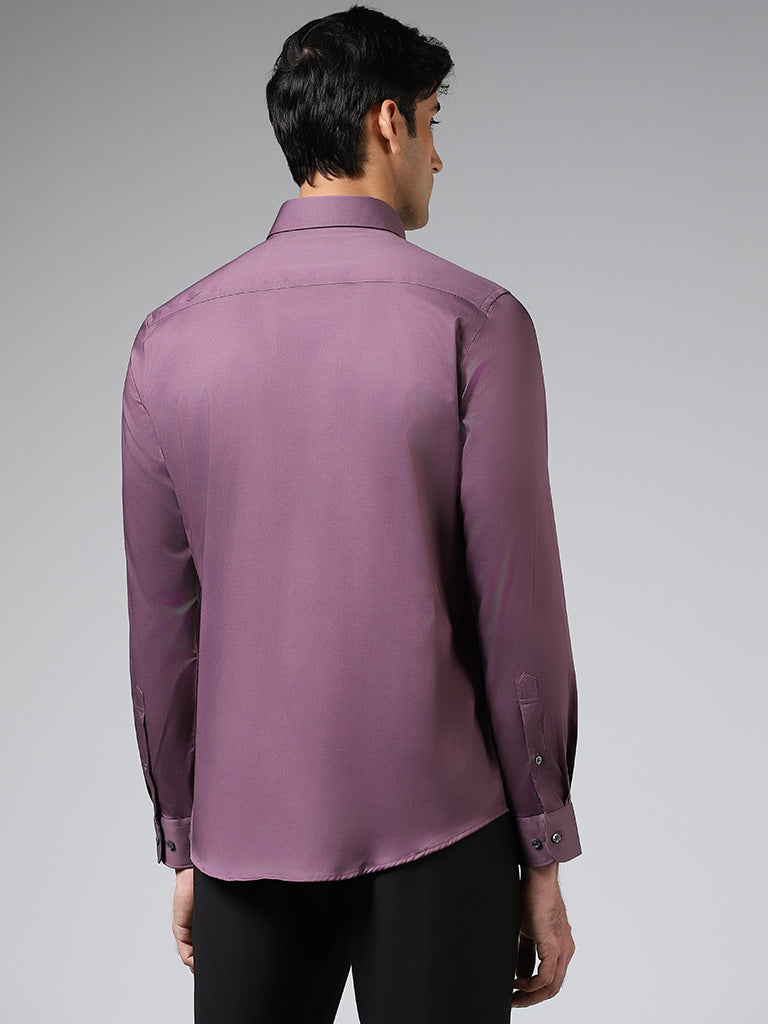 WES Formals Solid Grape Purple Cotton Blend Slim-Fit Shirt