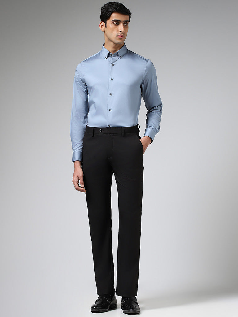 WES Formals Solid Light Blue Cotton Blend Slim-Fit Shirt