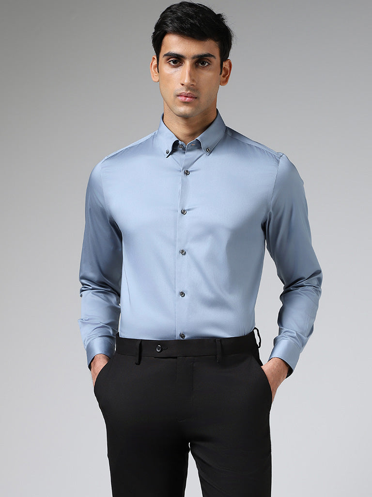 WES Formals Solid Light Blue Cotton Blend Slim-Fit Shirt