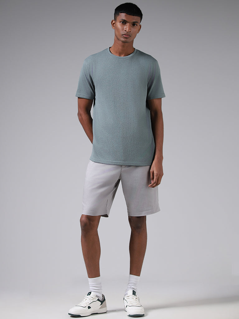 ETA Light Teal Self-Textured Slim-Fit T-Shirt