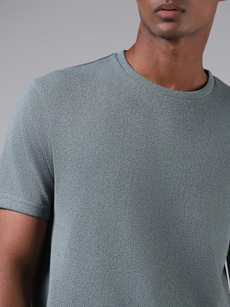 ETA Light Teal Self-Textured Slim-Fit T-Shirt