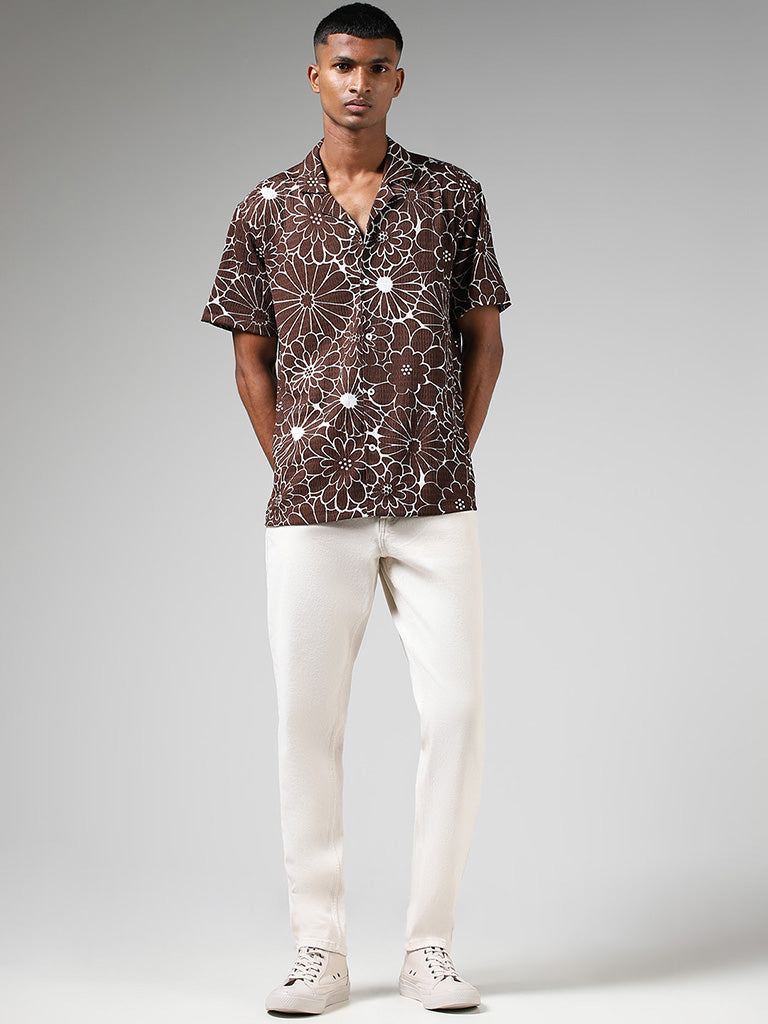 Nuon Brown Floral Printed Relaxed-Fit Shirt