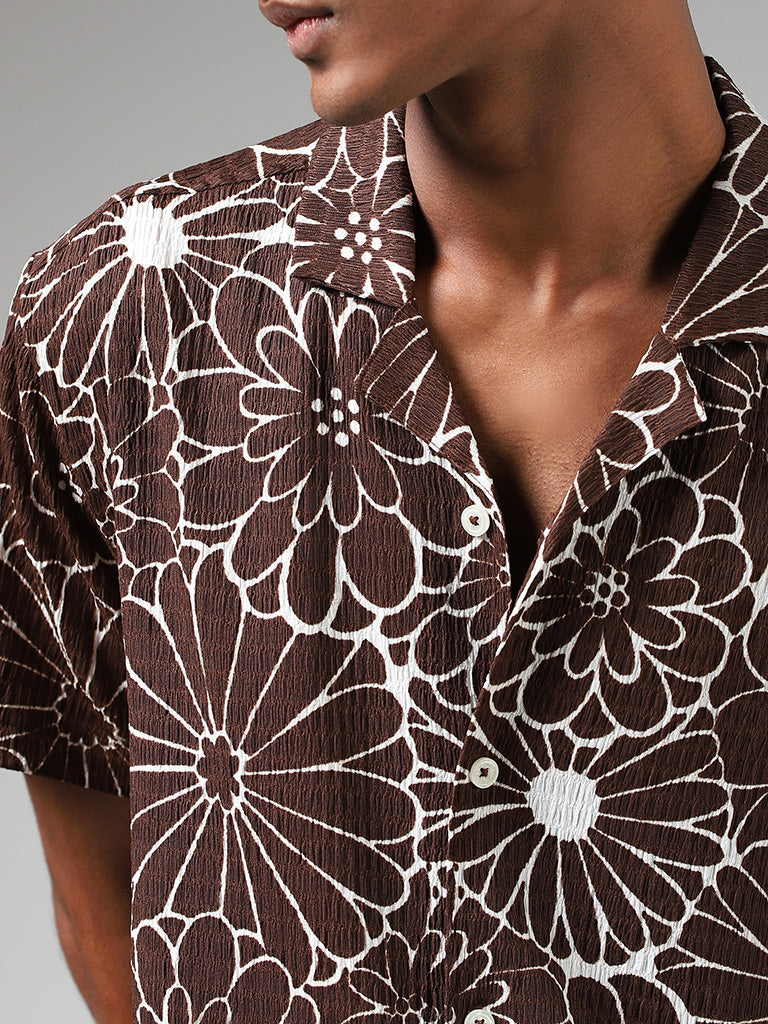 Nuon Brown Floral Printed Relaxed-Fit Shirt