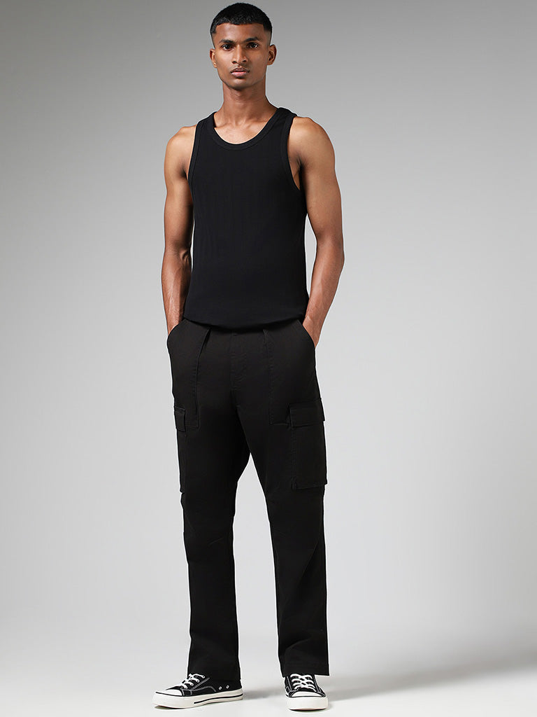 Nuon Black Self-Striped Cotton Blend Slim-Fit Vest