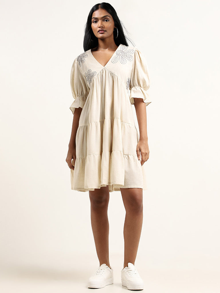 Bombay Paisley Off-White Embroidered Cotton Blend Short Dress