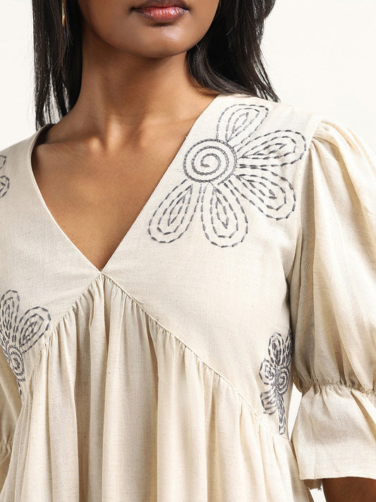 Bombay Paisley Off-White Embroidered Cotton Blend Short Dress