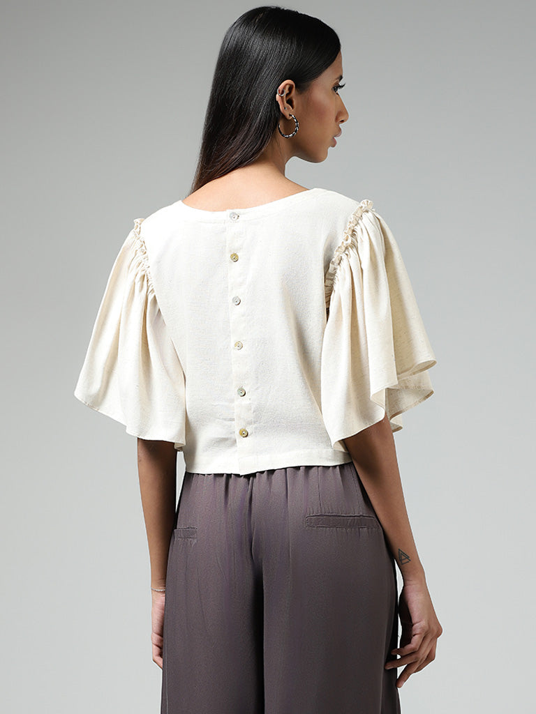 Bombay Paisley Off White Threadwork Embroidered Blended Linen Crop Top